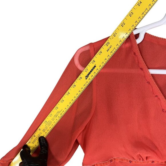 Y2K 90s Babydoll Top Womens L Red Chiffon Blouse 3/4 Bell Sleeve Sheer Ruffle - Picture 11 of 15